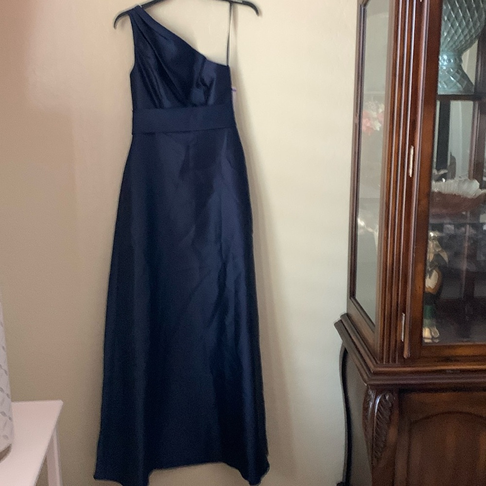 Alfred Sung  dark navy blue one shoulder cocktail long dress regular zero size